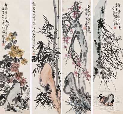 蒲华 梅兰竹菊 四屏